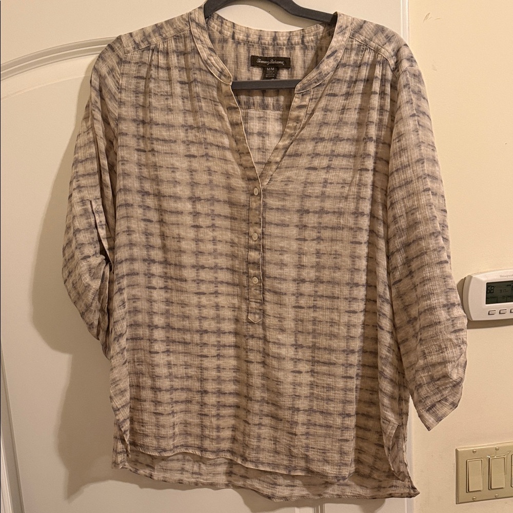 Tommy Bahama Beige and Blue Patterned Blouse